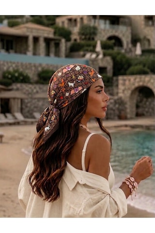 Trend Dokunuş Kadın 70-70 Kedili Hayvan Figürlüfular Bandana Kahverengi