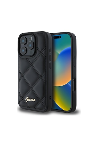 Apple iPhone 16 Pro Max Uyumlu Kılıf Guess  Lisanslı Pu Deri Metal Yazı Logolu Kapitone Kapak Siyah