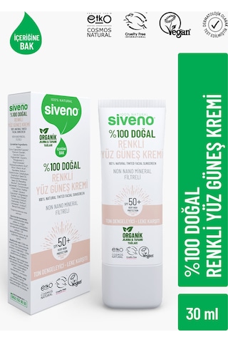 Siveno %100 Doğal Yüz Güneş Kremi Renkli Ton Eşitleyici Leke Karşıtı Uva Uvb Spf 50+ 30 ML