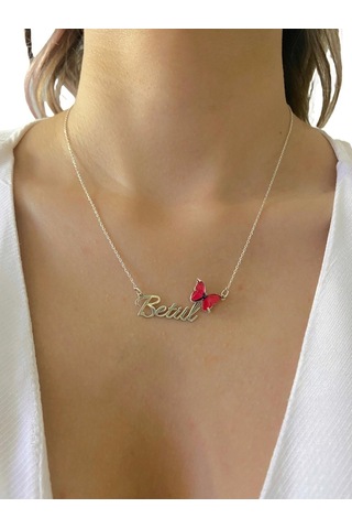 Üç Boyut Kırmızı Kelebek Isim Yazılı Özel 925 Gümüş Kolye (528221292)