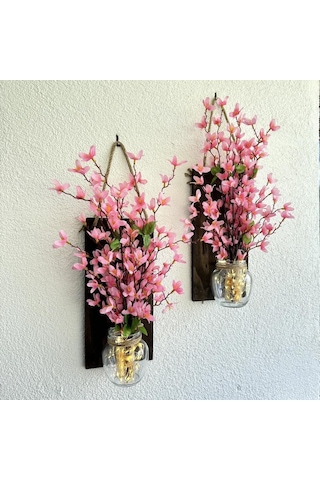 Led Işıklı, Pembe Sakura Çiçekli Duvar Dekoru Ceviz İkili Set