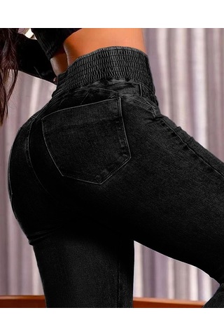Etiler Collection Kadın Yüksek Bel Yanları Lastik Önü Düğmeli Kot Pantolon Siyah