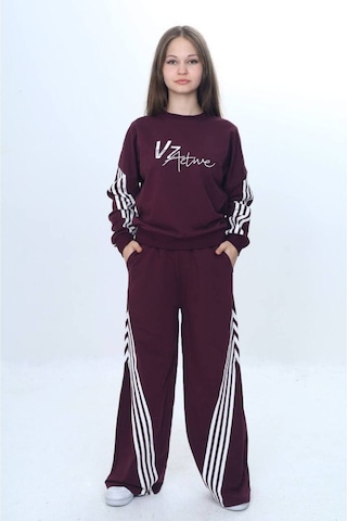 Kız Çocuk %100 Pamuk Şeritli Oversize 2 İplik Alt&üst Eşofman Takımı-305-eşt-0009 MÜRDÜM