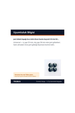 Trobus Jant Göbek Kapağı Kuru Kafa Ghost Damla Geçmeli 4'lü Set 55/58 Mm Siyah