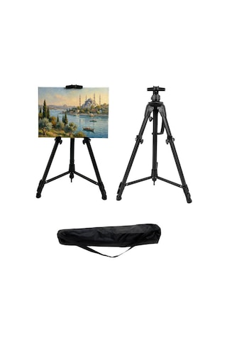 Katlanabilir Metal Tripod Şövale - Kollu Yükseklik Ayarlı, Su Terazili, Pusulalı, Siyah