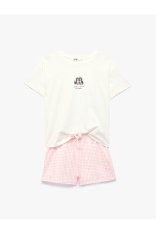 Koton Pamuklu Bisiklet Yaka Kısa Kollu Şortlu Pijama Takımı Ekru 6slk40133mk