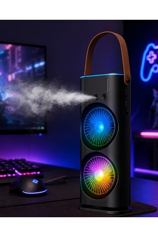 Rgb Işıklı Spreyli Masa Fanı Çift Motorlu Güçlü Üflemeli Taşınabilir Fan - Lisinya