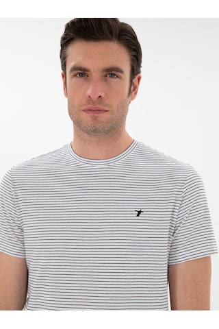 Siyah Slim Fit Bisiklet Yaka Çizgili T-shirt Beyaz