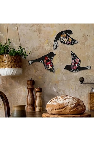 Cajuart Dekoratif Üçlü Siyah Çiçek Motifli Kuşlar Ahşap Duvar Dekoru Tablo Süs