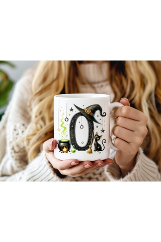 O Harfli Halloween Kedili Figür Kupa Bardak - Şapkalı Ve Kazanlı İsme Özel Kupa - Hediye 07 Beyaz