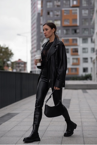 Dericlub Wm30 Oversize Biker Hakiki Deri Kadın Mont Siyah