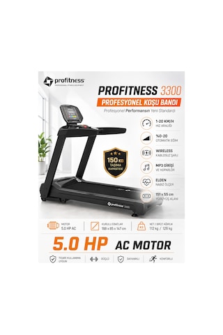 3300 Profesyonel Koşu Bandı 5.0 Hp Ac Motorlu, %20 Otomatik Eğimli, Bluetoothlu, 150 Kg Kapasiteli