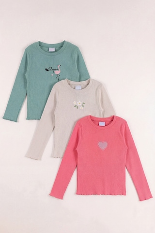 Monox 5-12 Yaş Kız Çocuk Fitilli Nakışlı 3 Lü Sweatshirt Takım Taş Çağla Nar