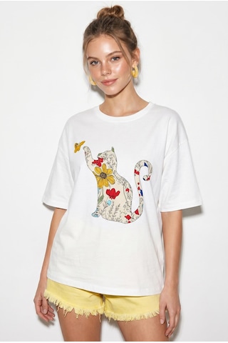 Shade Kadın Bisiklet Yaka Kedi Baskılı Oversize %100 Pamuk T-shirt Öt100006 60286274 - Beyaz