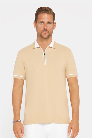 Tudors Erkek Slim Fit Dar Kesim %100 Pamuk Düz Pike Fermuarlı Kum Rengi Polo Yaka Tişört-31113 Kum