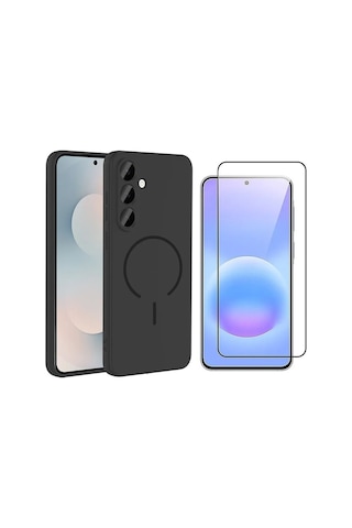 Vendas Samsung Galaxy Uyumlu S26 Fe Kılıf M-safe Şarj Özellikli Zore Meta Kapak + 9h Cam Ekran Koruyucu Siyah