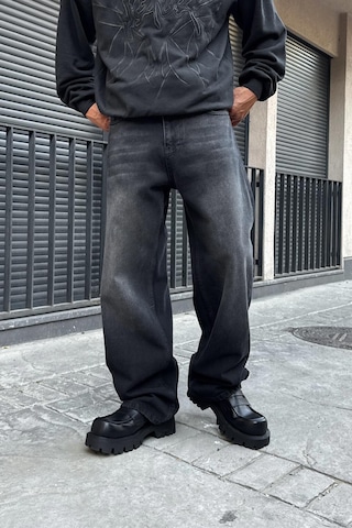 Flaw Eskitme Detay Çizgili Baggy Jean Siyah Siyah