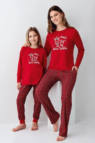 Arnetta 3514 Anne&kız Uzun Kollu Bisiklet Yaka Pijama Takımı-kırmızı Kırmızı
