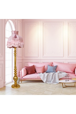 Vintage Ahşap Gold Ayak Pudra Pembe Lambader Püskül Süsleme 170x45cm Lm10422 Pembe