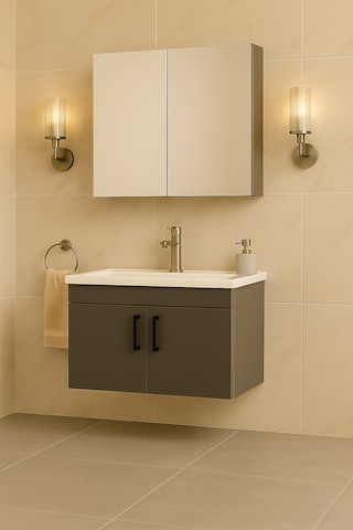 Luna 65 Cm Ahşap Camlı Üst Modül Ve Seramik Lavabolu, Mdf Banyo Dolabı Takımı Antrasit