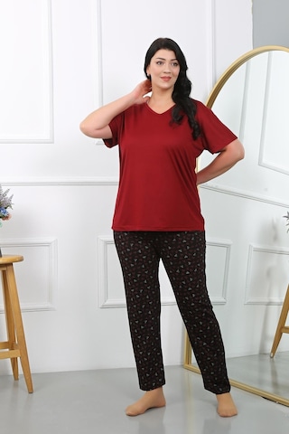Akbeniz Kadın Büyük Beden Kısa Kol Penye Pijama Takımı Bordo 202406-bordo Bordo