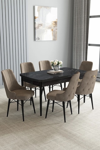 Zümra Serisi, Siyah Mermer Desen 80x132 Açılabilir Mdf Mutfak Masası Takımı 6 Adet Sandalye, Cappucino