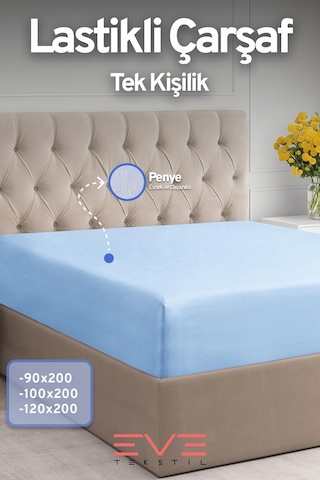 Eve Tekstil Fitted Yüksek Kaliteli Penye Kumaş Tek Kişilik Lastikli Çarşaf Mavi
