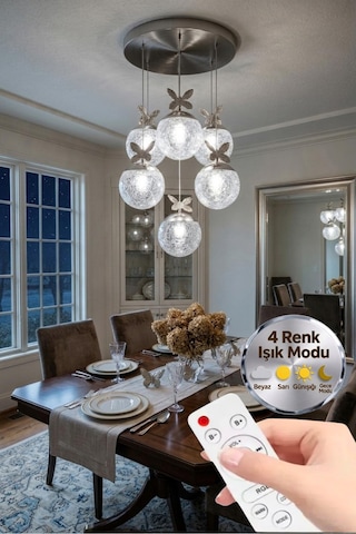 LumiaLighting Küre Model 6"lı Kumandalı Siyah 3 Renk Modu Ledli Kristal Taşlı Modern Salon Mutfak Oturma Odası Led Avize