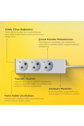 Günsan  Üçlü Çocuk Korumalı Topraklı Grup Priz 3 Metre