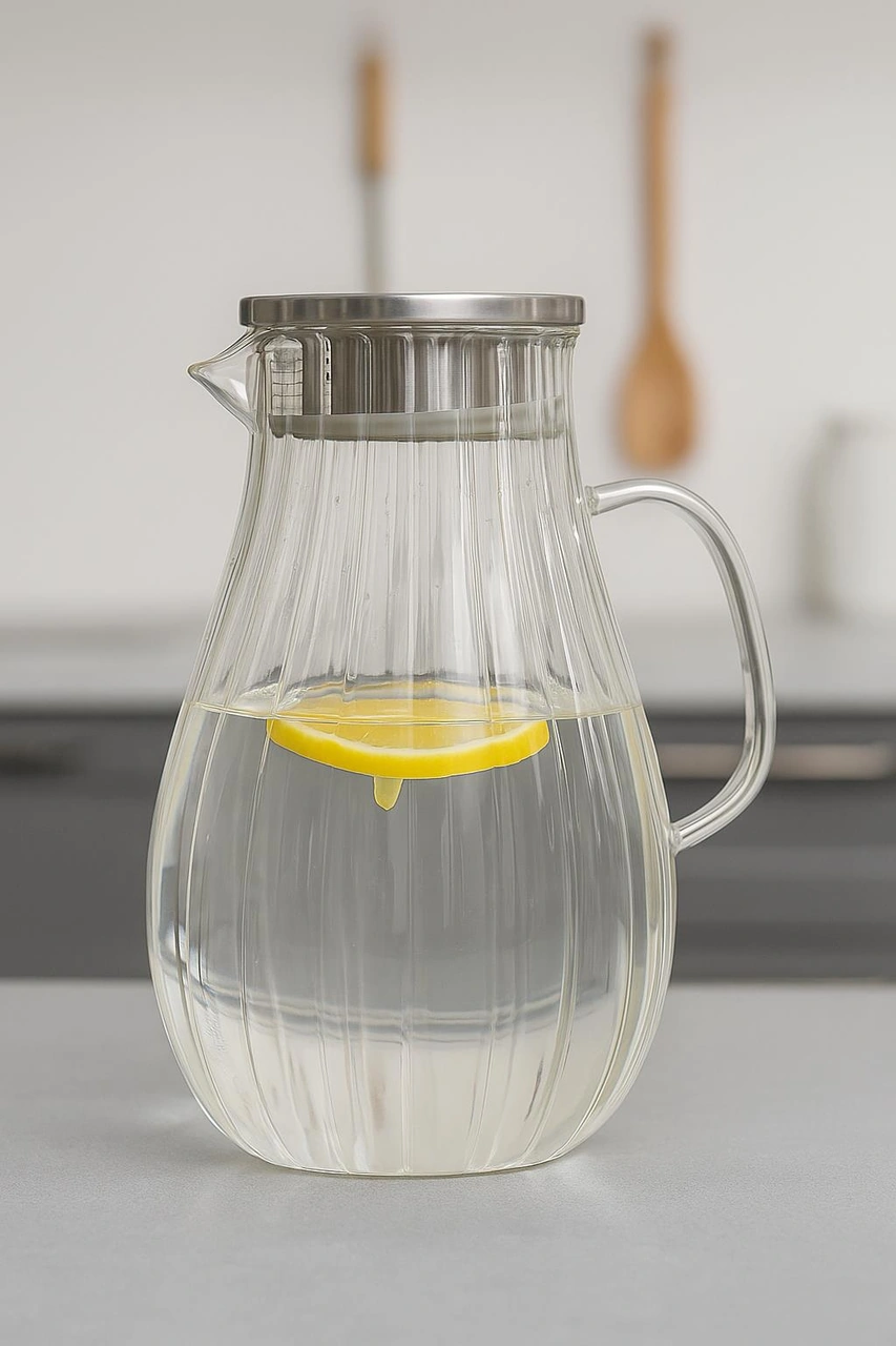 Metal Kapaklı Çizgili Cam Sürahi 1800 Ml Isıya Ve Ateşe Dayanıklı Şeffaf İnox Cam Bitki Çay Demleme