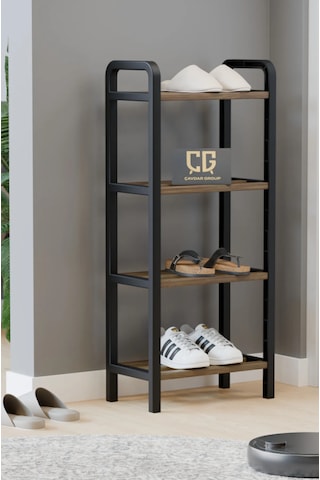 4 Katlı Ekonomik Ahşap Çubuklu 40 Cm Ayakkabılık, Raf Ünitesi Ceviz