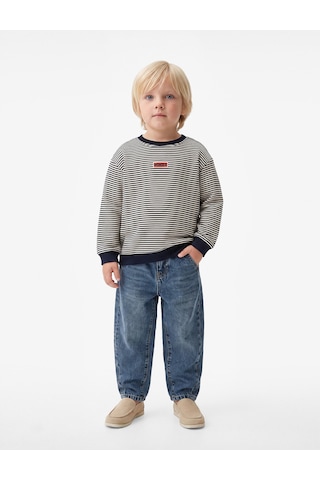 Koton Etiket Detaylı Şardonlu Bisiklet Yaka Uzun Kollu Oversize Çizgili Sweatshirt Lacivert Çizgili 7wmb10126tk