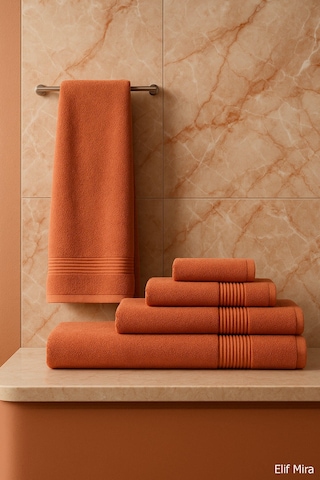6 Parça Banyo Havlusu Seti Pamuklu 70x140 Cm Serenio Kiremit-kiremit