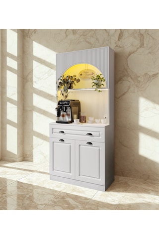 Lureo Nera Arch Gold Mini Kahve Köşesi Led Aydınlatmalı, Komple Mdf Premium Kahve Ünitesi Beyaz