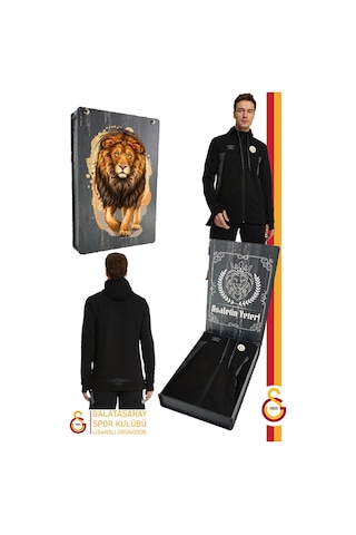 Galatasaray Orijinal Lisanslı Kapüşonlu Siyah Fermuarlı Hoodie Gs Aslan Baskılı Hediyelik Ahşap Kutulu Siyah