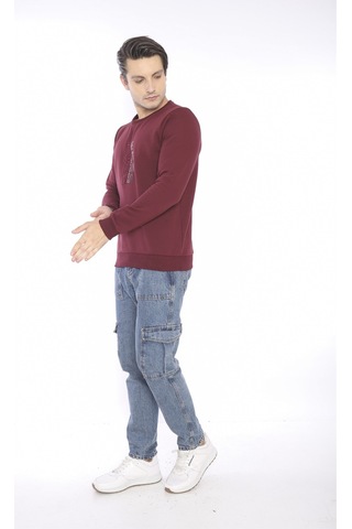 Escetic Erkek Spor Slimfit, Bisiklet Yaka Bordo Sweatshirt-4268 Bordo