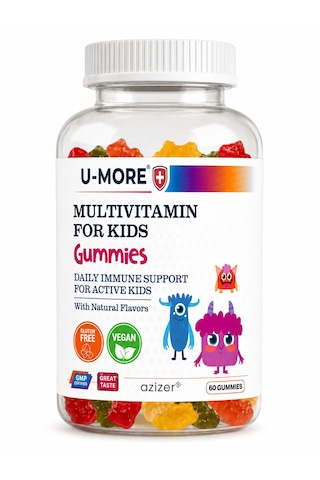 Multivitaminli Çocuk Gummies 60 Adet Şekersiz, Sığır Jelatini İçermez, Çilek-portakal Aromalı