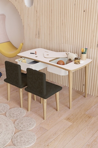 Fahrettin Küçük Montessori Çocuk Masası Oyun Masası Aktivite Masası Çalışma Masası 2 Adet Siyah Welsoft Sandalyeli Siyah