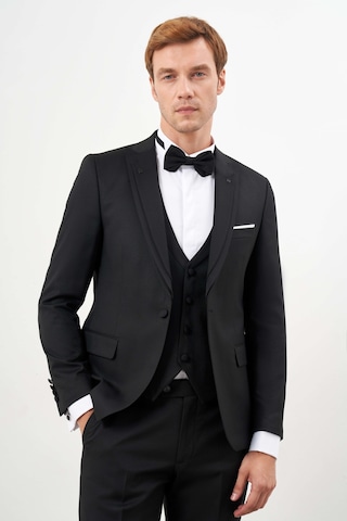 Morven Erkek Siyah Poliviskon Ceromonia Jakar Desen Slim Fit Sivri Çıkma Yaka Damatlık 24mc055018001 Siyah