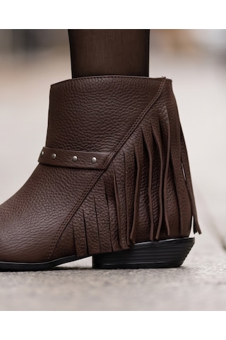 Futsishoes Camelot Kahverengi Hakiki Floter Deri Püskül Detaylı Kadın Kısa Topuklu Bot