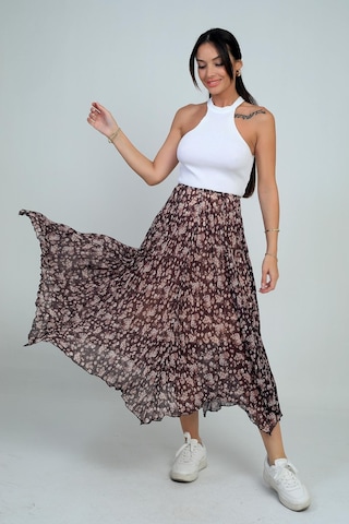 Kadın Beli Lastikli Astarlı Mini Çiçekli Midi Kraşlı Üçgen Etek-41769 Kahve