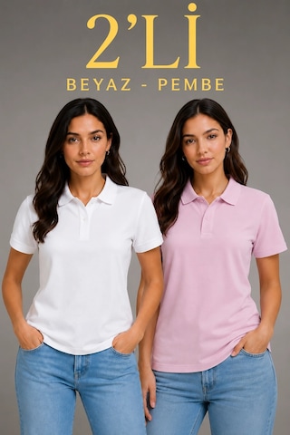 Novalisse 2'li Kadın Polo Yaka Pike Kumaş Düğmeli Basic Tişört Günlük Rahat Kesim - Beyaz, Pembe Çoklu Renk