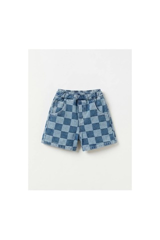 Poala Kids Damalı Denim Balloon Şort Mavi