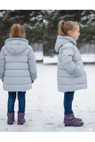 Boutiguestyles Kız Çocuk Şişme Mont Kürklü Gri Sedefli Işıltılı Çıkarılabilir Kapüşonlu Fermuarlı Gri mavi