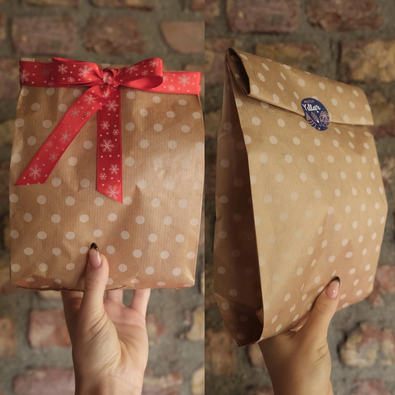 Körüklü Kraft Kese Kağıdı, Beyaz Puantiyeli Şamua Hediye, Ambalaj