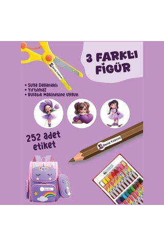 Okul Etiketi Kalem Defter Etiketi Mor Rüyalar Kızı Özel İsim Yazılabilen Etiket - 252adet