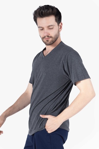 T-shirt V Yaka %100 Pamuk Antrasit Melanj