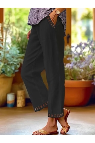 Kadın Beli Lastikli Bağcıklı Cep Ve Pantolon Ucu Güpür Detaylı Pantolon Siyah