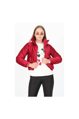 Dip Moda Kadın Yüksek Yaka Cepli Kışlık Kadife Mont Dpnb7154 Bordo