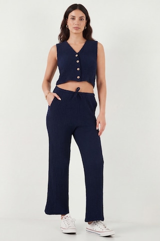 Lela Regular Fit V Yaka Yelek-pantolon Gofre Takım Bayan Takım 5866484 Lacivert